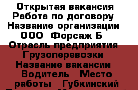 Открытая вакансия. Работа по договору › Название организации ­ ООО “Форсаж-Б“ › Отрасль предприятия ­ Грузоперевозки › Название вакансии ­ Водитель › Место работы ­ Губкинский,Пуровск › Минимальный оклад ­ 900 › Максимальный оклад ­ 1 000 › Возраст от ­ 20 › Возраст до ­ 65 - Ямало-Ненецкий АО, Губкинский г. Работа » Вакансии   . Ямало-Ненецкий АО,Губкинский г.